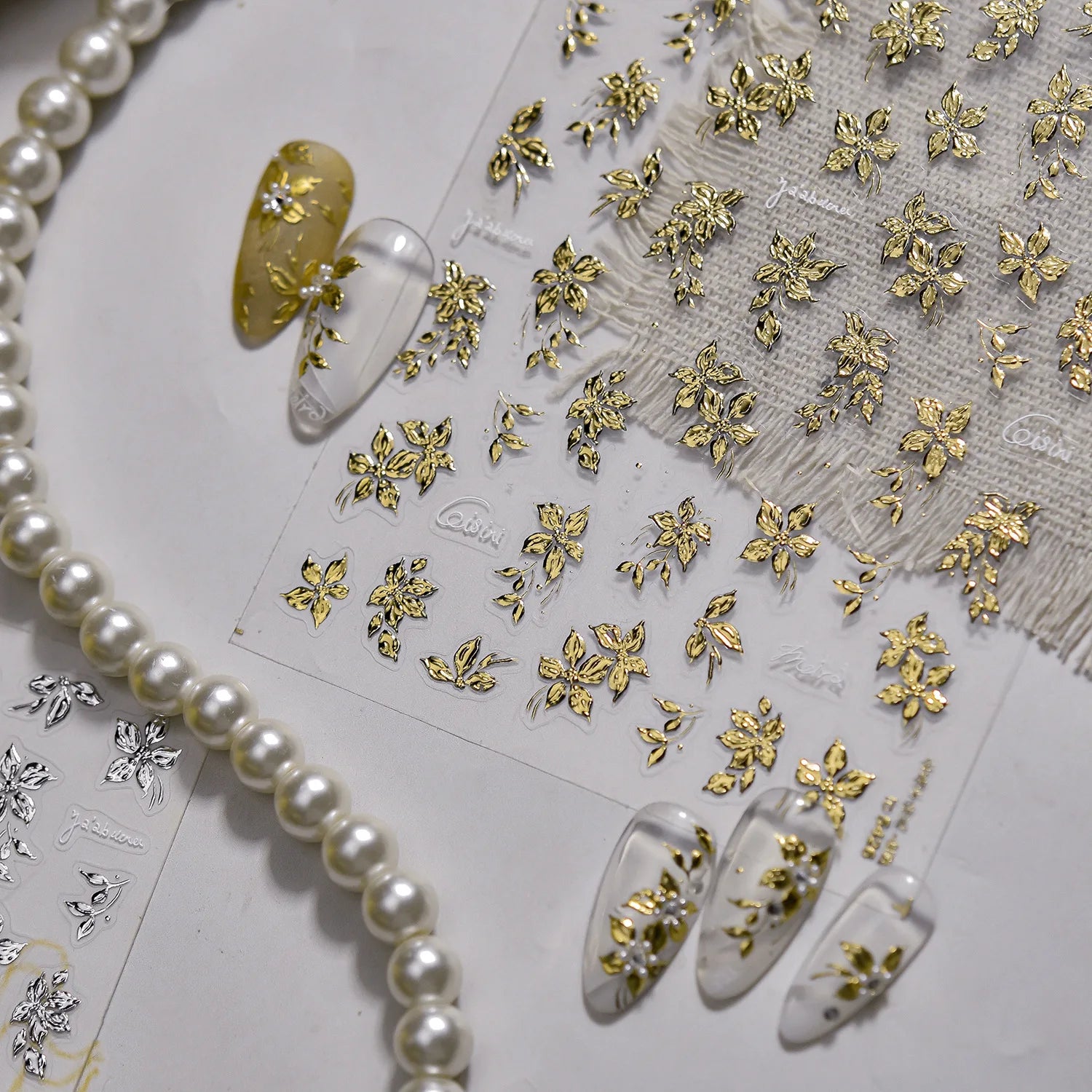 Luxury Metal Hand Painting Nail  Stickers Gold Silver Flowers Nail 3D Decorations Sticker DIY Adhesive Manicure Accessory Decals