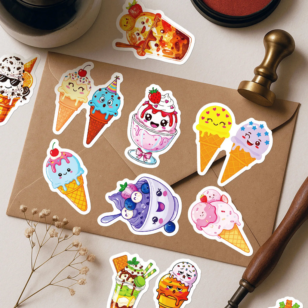 50PCS Cartoon Ice Cream Cute Doodle Stickers Easy Peel Kids DIY Fun Craft Student Notebook Tablet Decorative Sticker
