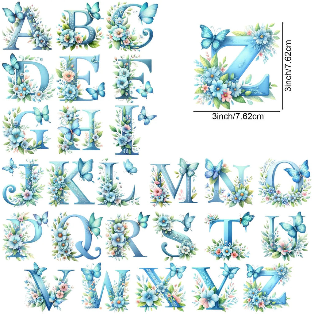 1 set of A~Z letter flower UV DTF transfer stickers, waterproof wipe transfer stickers, suitable for glasses