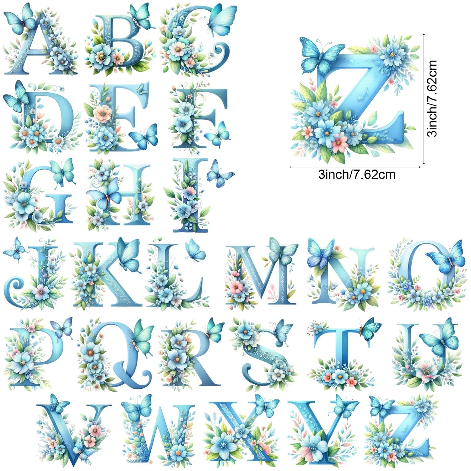 1 set of A~Z letter flower UV DTF transfer stickers, waterproof wipe transfer stickers, suitable for glasses