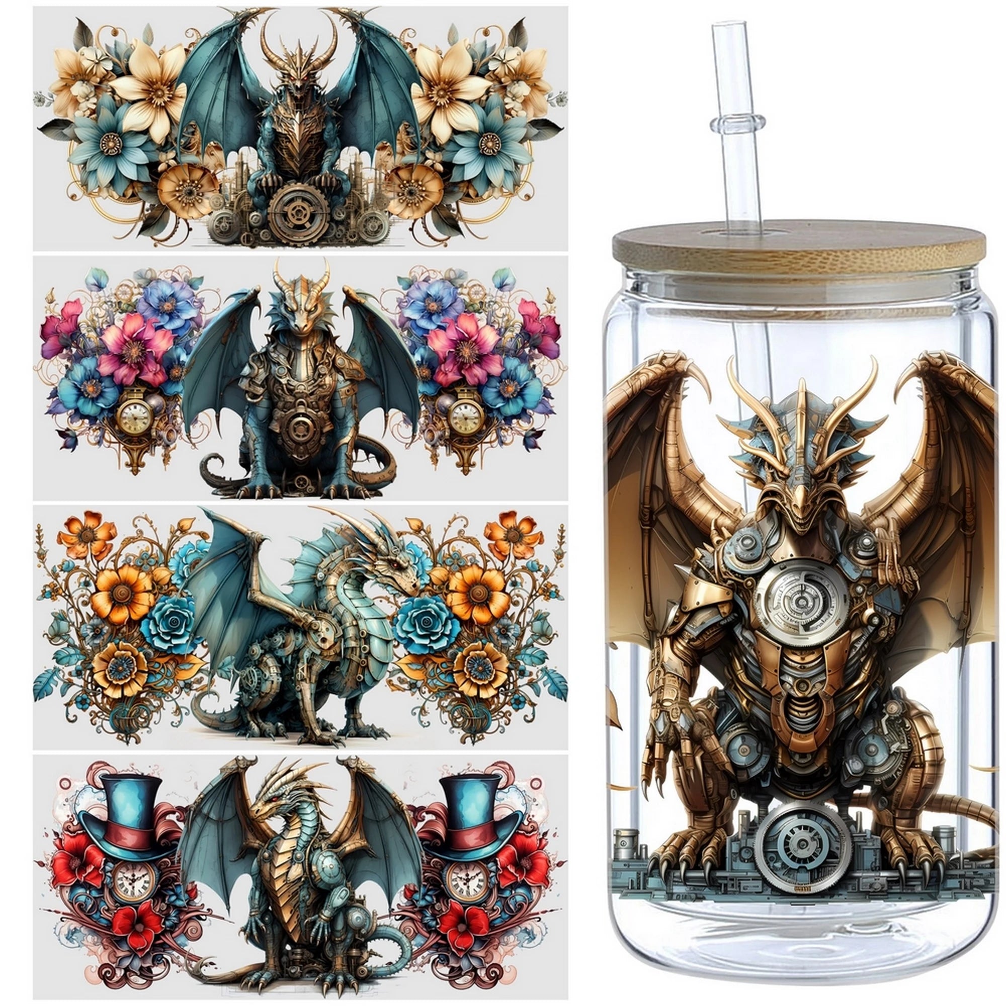 5 sheets Steampunk UV DTF Cup Stickers, DTF Friction Transfer Stickers, Waterproof Cartoon Transfer Stickers for 16oz Glass Cups