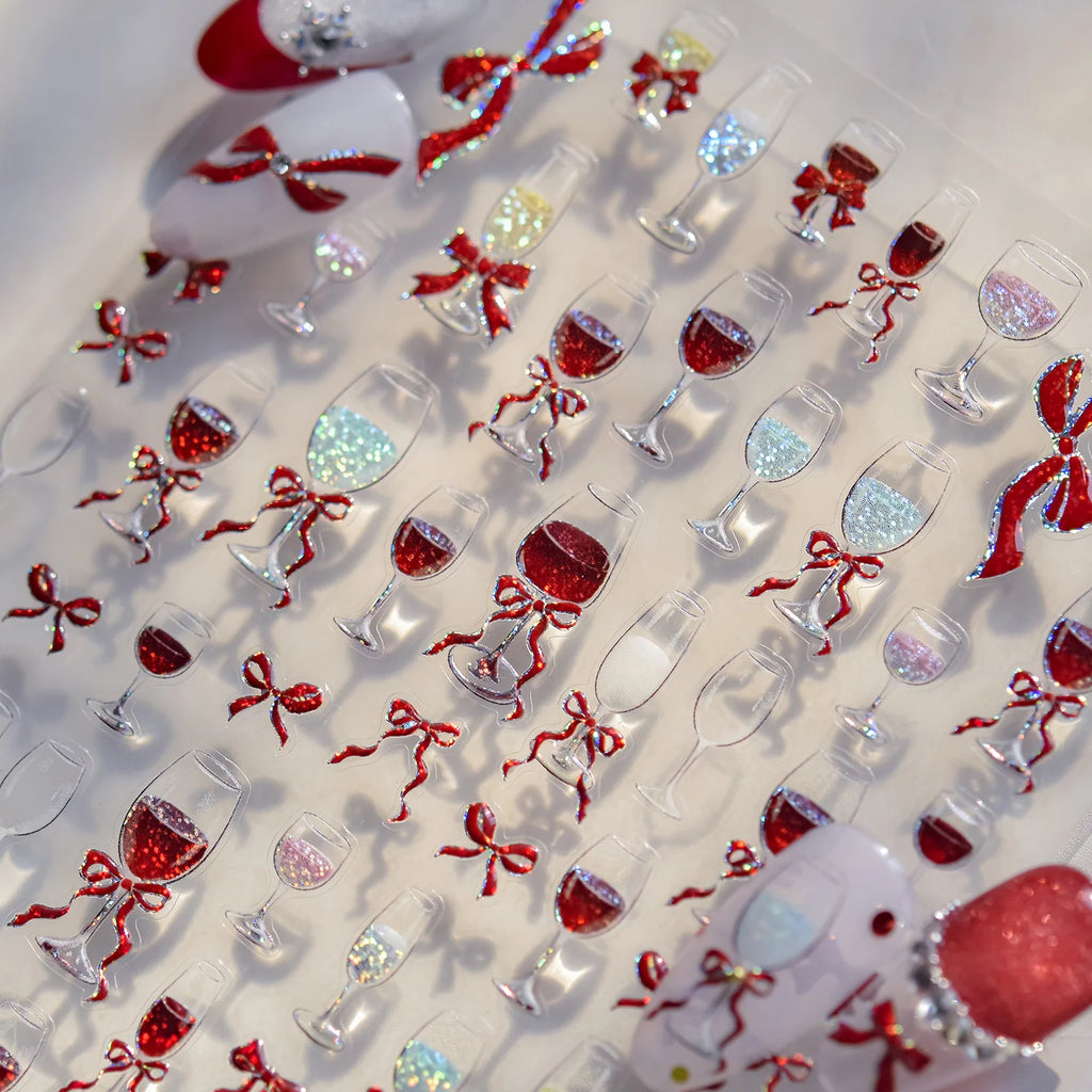 Wine Glass Bows Nail Charms Stickers Metal Nail Art Stickers 3D Exquisite Ribbon Nail Decoration Decals DIY Self Adhesive Decals