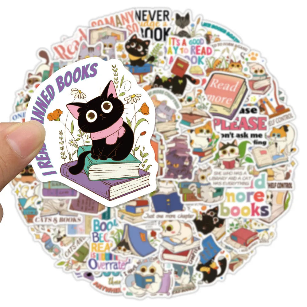 60PCS Reading Cat and Book Stickers Computer Decoration Luggage Stickers Handbooks Cute Series Materials Waterproof Stickers