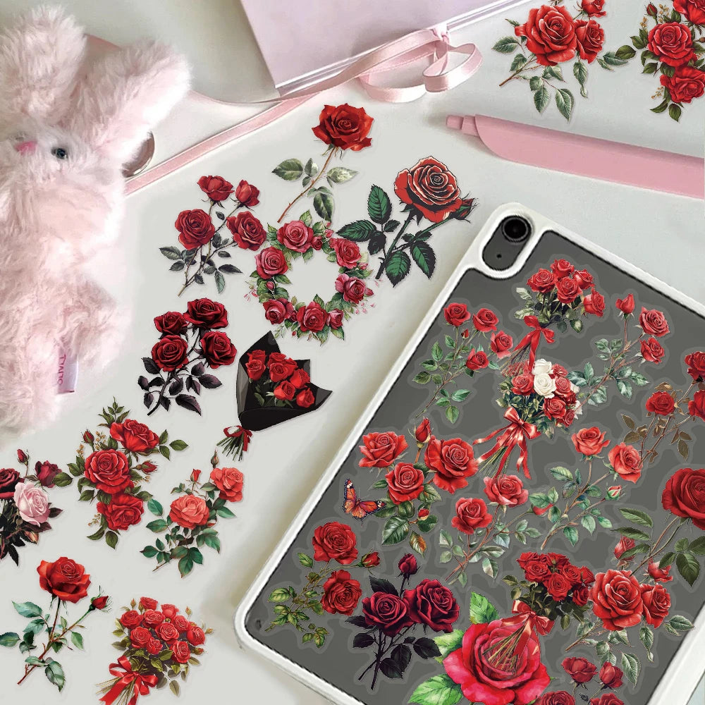 50PCS Retro Red Rose Series Decorative Fun PET Stickers Decorative Materials DIY Waterproof Tablet Computer Toy Stickers