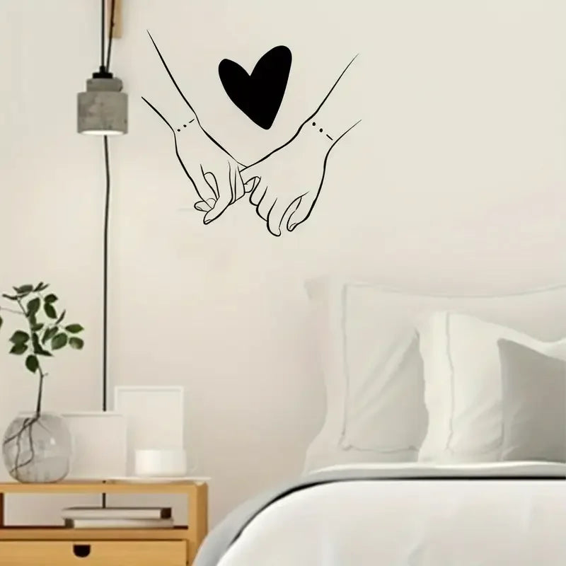 Romantic Couple Hands with Heart Wall Sticker - Self-Adhesive Removable PVC Decal for Living Room, Bedroom, Dining Area & Entryw