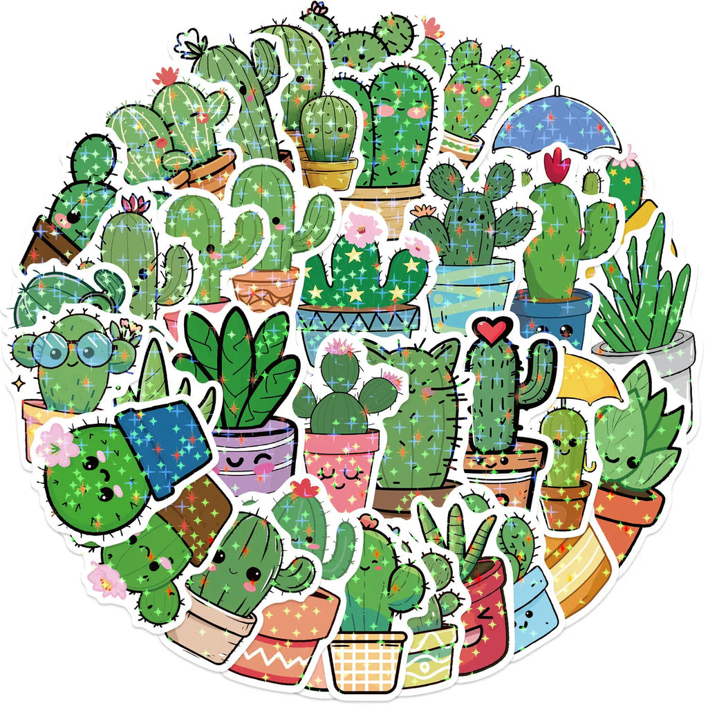 50PCS Holographic Cartoon Cactus Graffiti Stickers Decor Stationery Pen Holder Luggage Notebook DIY Waterproof Children Reward