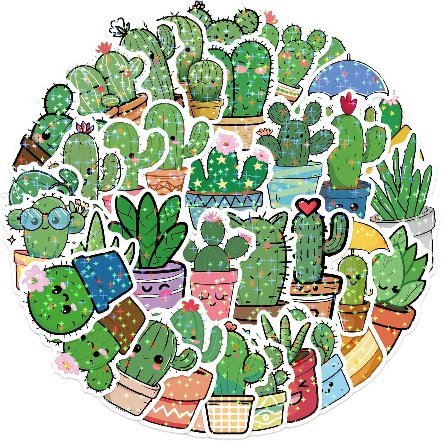 50PCS Holographic Cartoon Cactus Graffiti Stickers Decor Stationery Pen Holder Luggage Notebook DIY Waterproof Children Reward