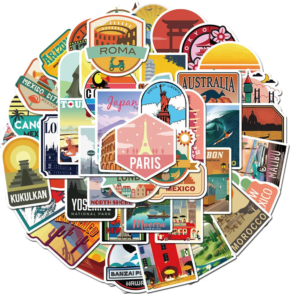 50/100PCS Travel City Landscape Graffiti Stickers Luggage Trolley Scooter Notebook Waterproof Stationery Stickers for Children