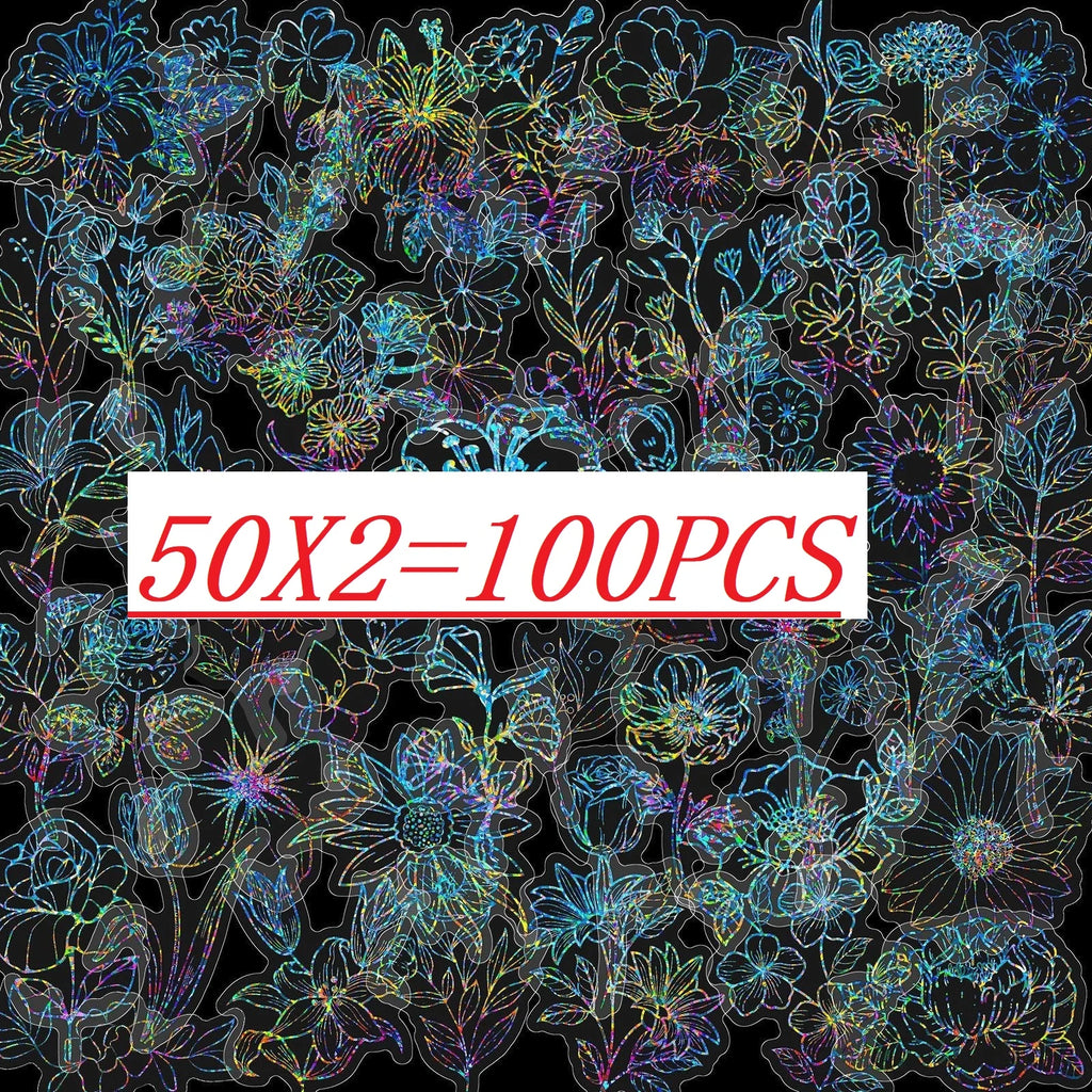 Variety 50/100 PCS Silver Flower Laser Stickers DIY Decor Water Cup Text Transparent PET Stickers