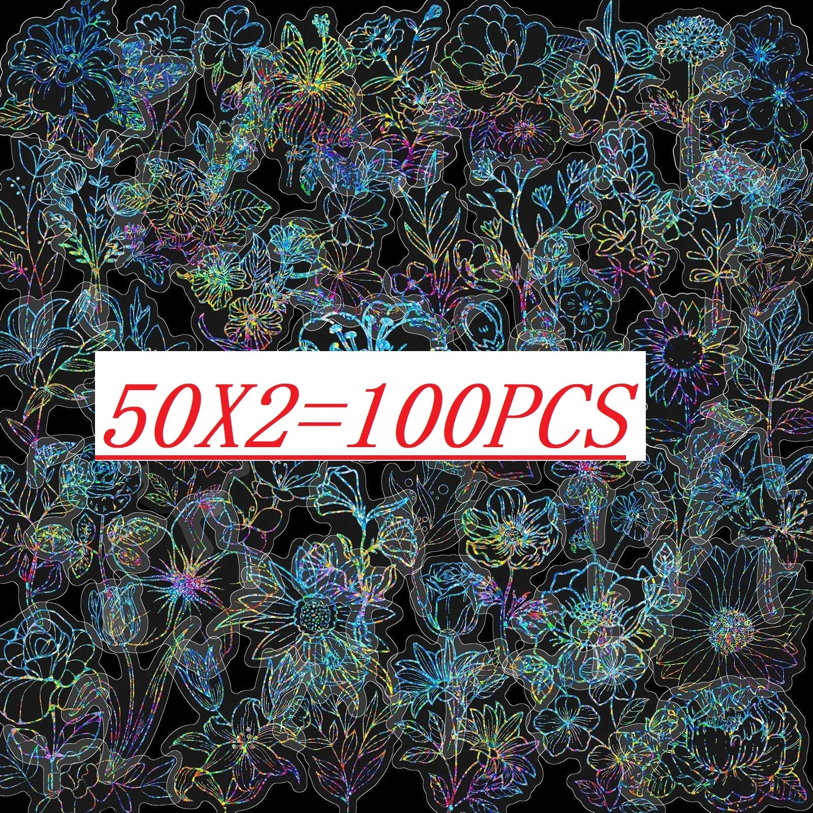 Variety 50/100 PCS Silver Flower Laser Stickers DIY Decor Water Cup Text Transparent PET Stickers