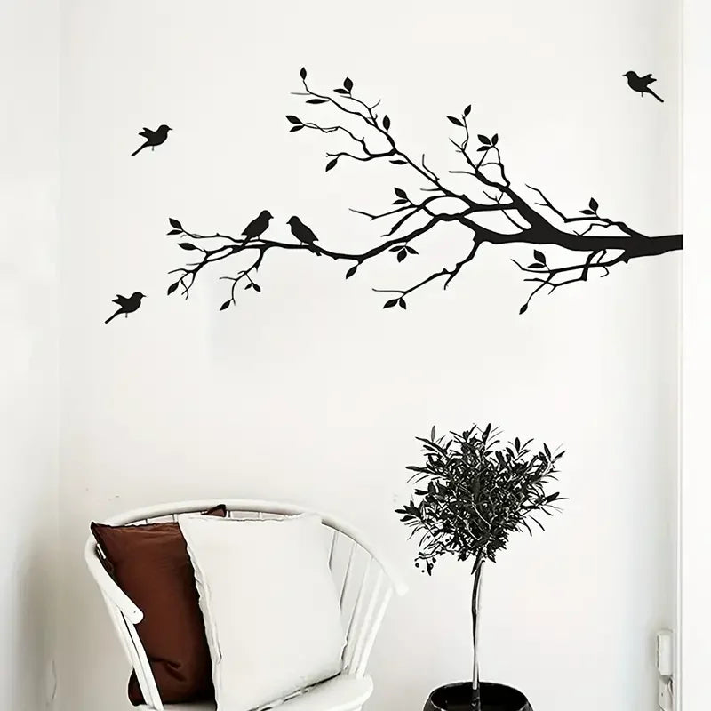 1pc Personality Silhouette Wall Sticker, Black Branch Bird Silhouette, Removable Waterproof Vinyl Sticker, Wall Sticker For Back