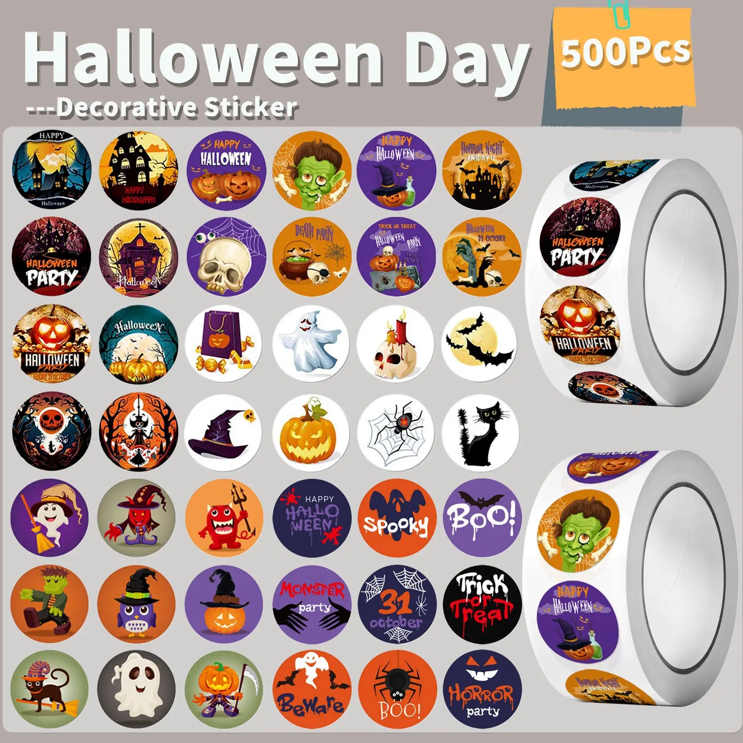 500Pcs Round Cartoon Halloween Day/All Saints'Day Stickers 2.5cm/1'' Roll DlY Craft Decoration Scrapbook Label Gift Sealing