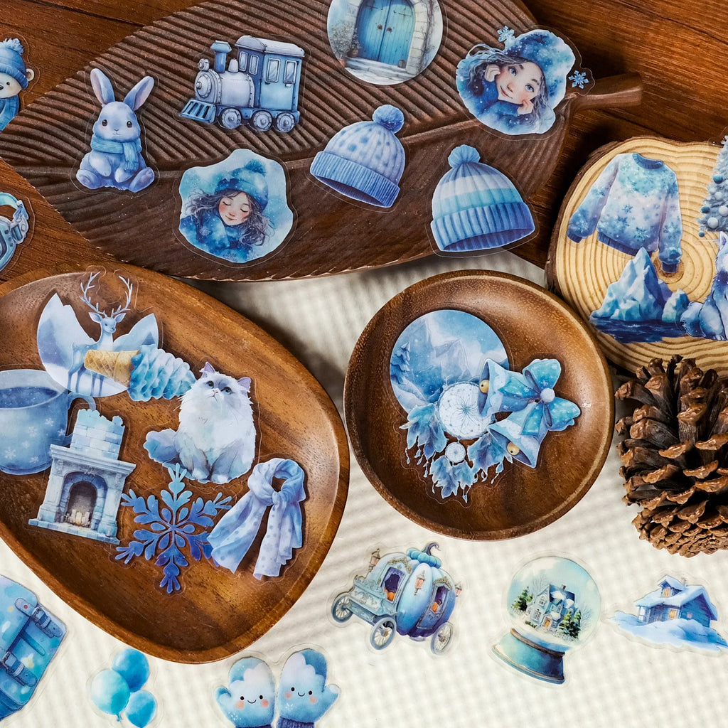 56PCS Blue Winter Miracle Transparent PET Stickers Snowman Gloves Crystal Balls Mixed Coating Stationery Crow Sticker
