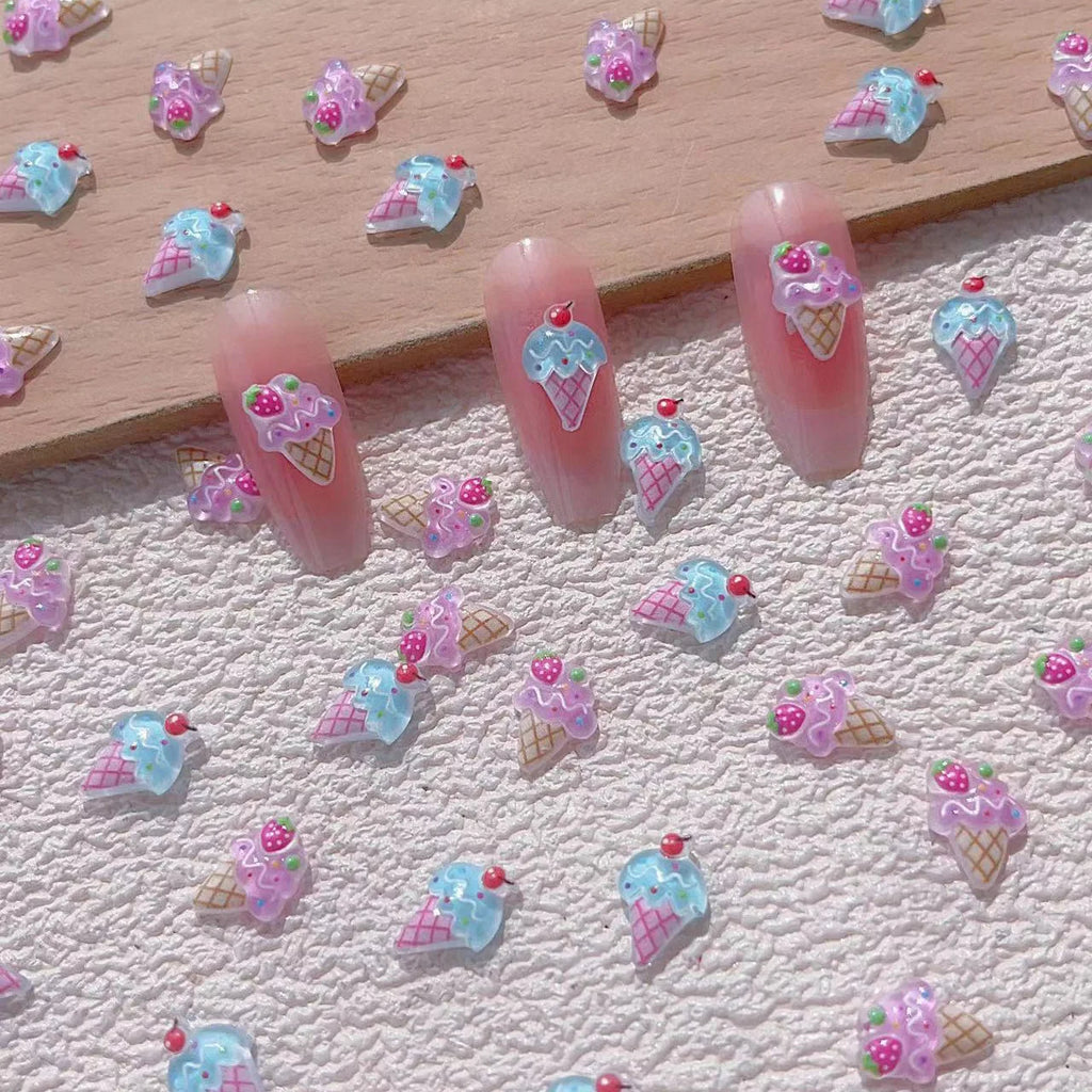 New Nail Art Accessories Summer Ice-cold Fruit Strawberry Ice Cream Cone Cute 3D Ice Cream Nail Charms Resin Nail Decorations