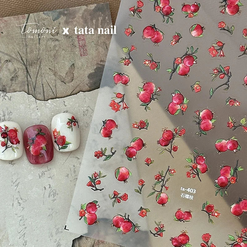 Jelly Fruits Nail Art Stickers Sweet Pomegranate Branch Self Adhesive Nail 3D Decorations Stickers DIY Chinese Nails Accessories