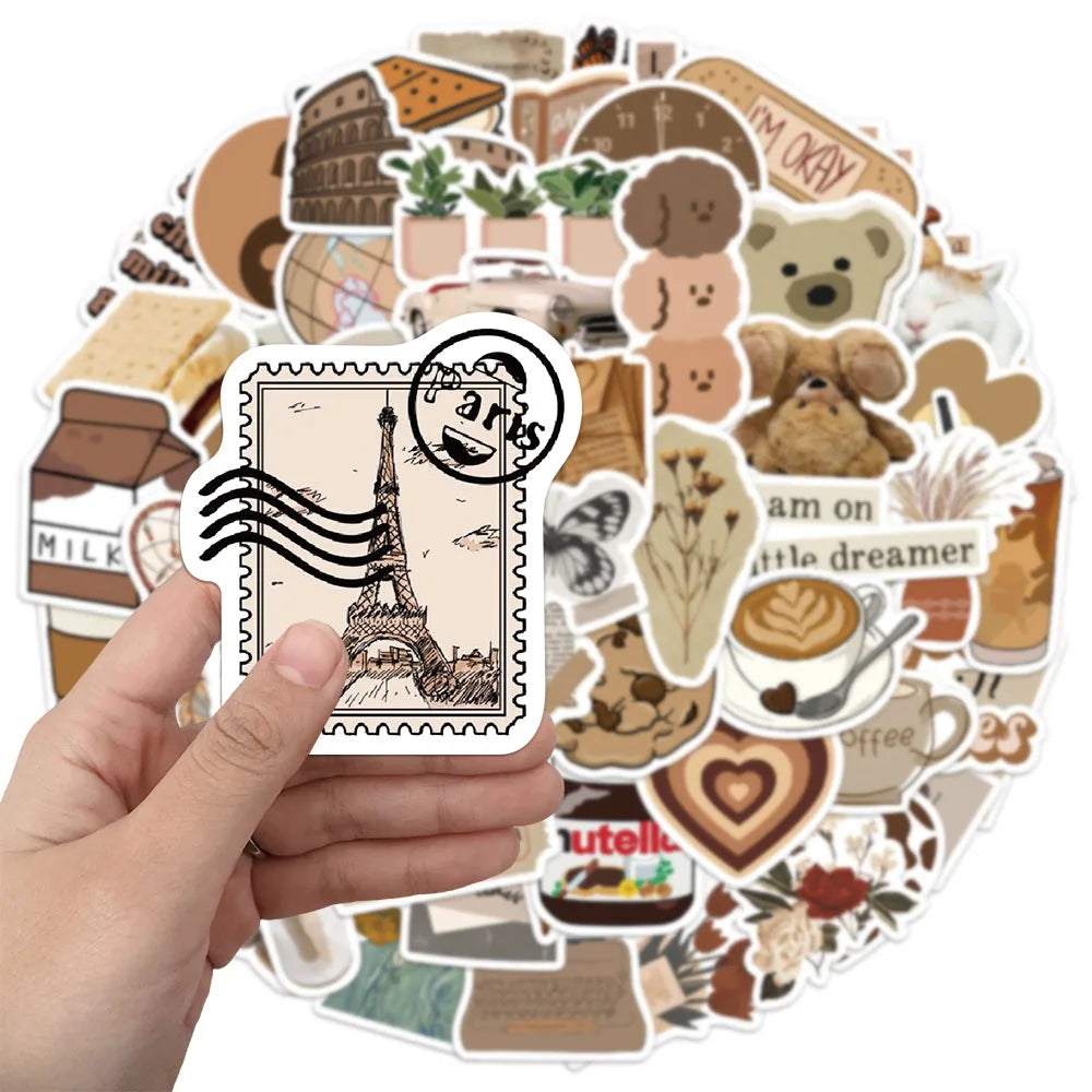 50PCS Brown Aesthetic Decorative Cartoon Stickers Fun Stickers DIY Manual Scrapbook Fixed Phone Laptop Stickers Toy