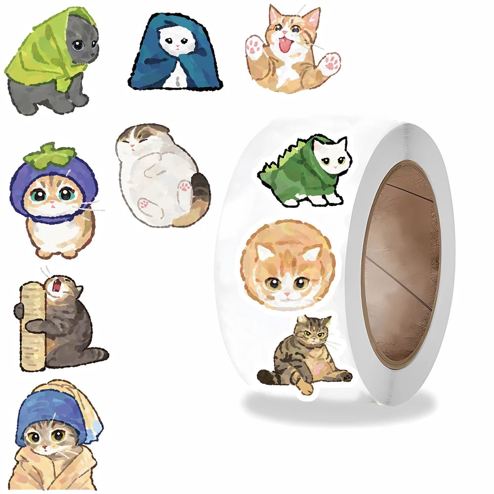 500PCS Cartoon Cat Roll Stickers School Stickers Classroom Laptop Luggage Encouragement Reward Stickers Teacher Gifts ﻿