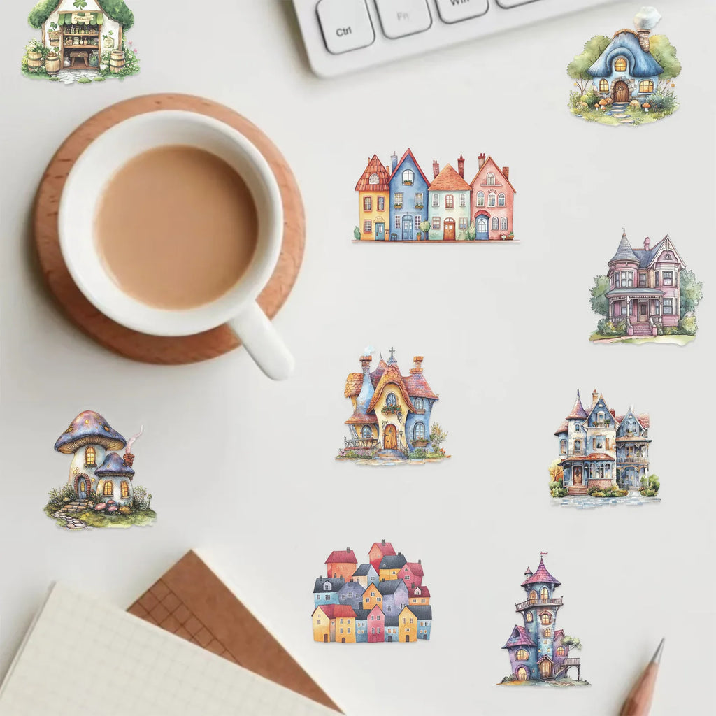 50 PCS Transparent PET Fairy Tale Castle Stickers Waterproof Stationery Cartoon House Decorative Guitar Stickers
