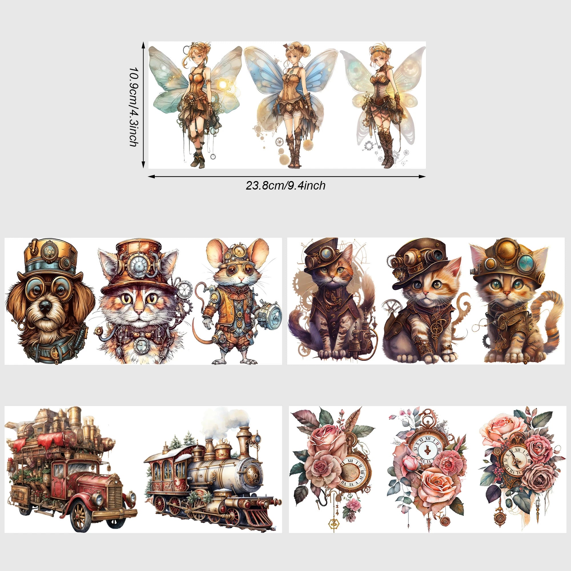 q5 sheets Steampunk UV DTF Cup Stickers, DTF Friction Transfer Stickers, Waterproof Cartoon Transfer Stickers for 16oz Glass Cup