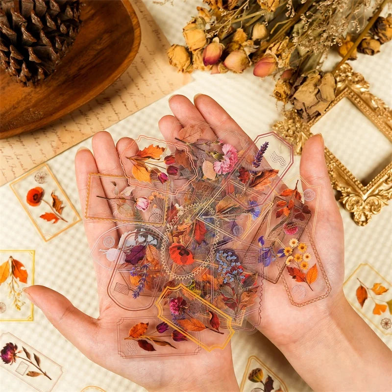 56PCS Vintage Autumn Flowers PET Phone Sticker Aesthetic Tear Open Decoration DIY Colored Laptop Luggage Graffiti Decals