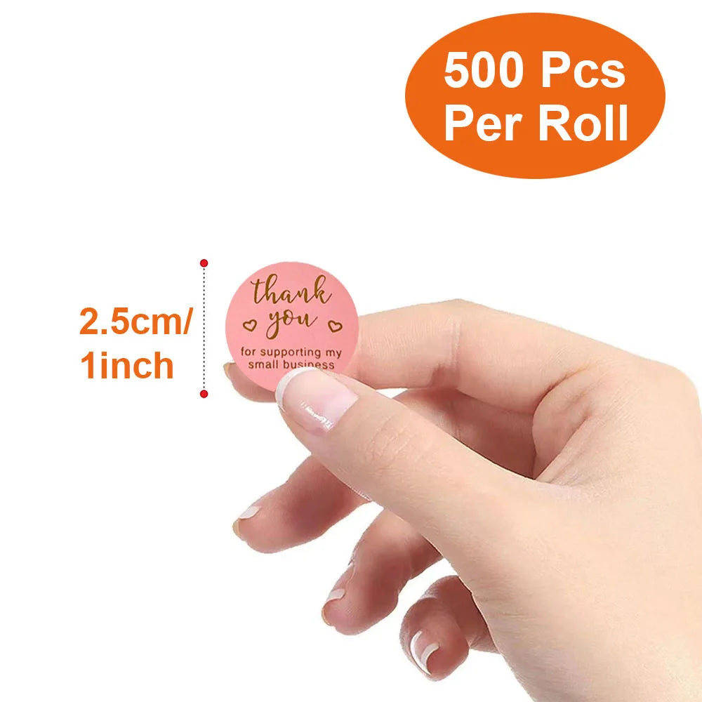 500Pcs/Roll Gilding Thank You for Supporting My Small Business Stickers Pink/Black 2.5cm/1.0inch Perfect for Aftercare