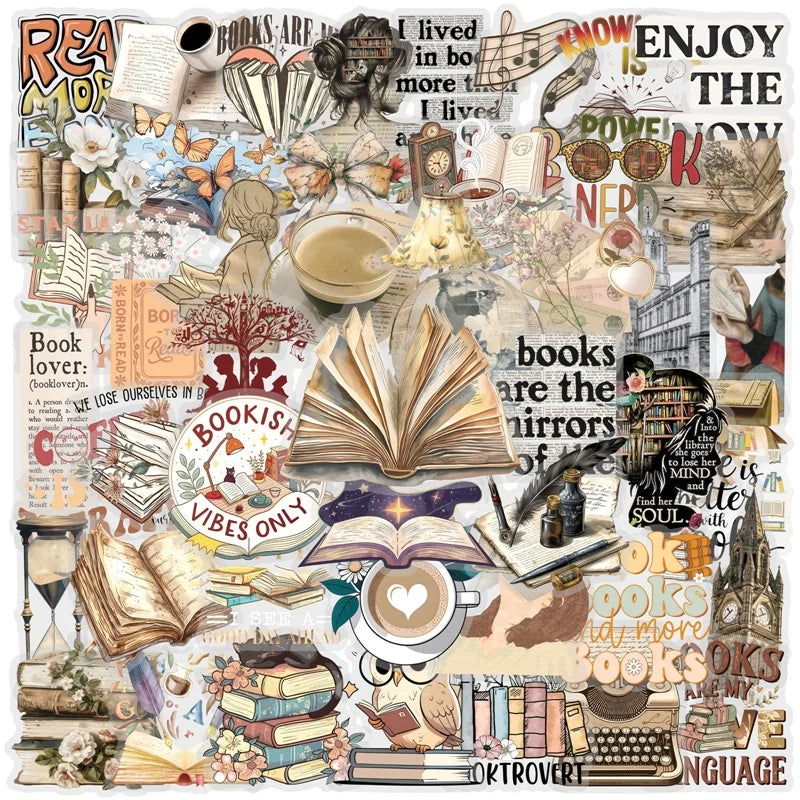 50PCS Vintage Reading PET Sticky Sticker Aesthetic Tear Open DIY Decoration Scrapbooking Stationery Supplies for Kids