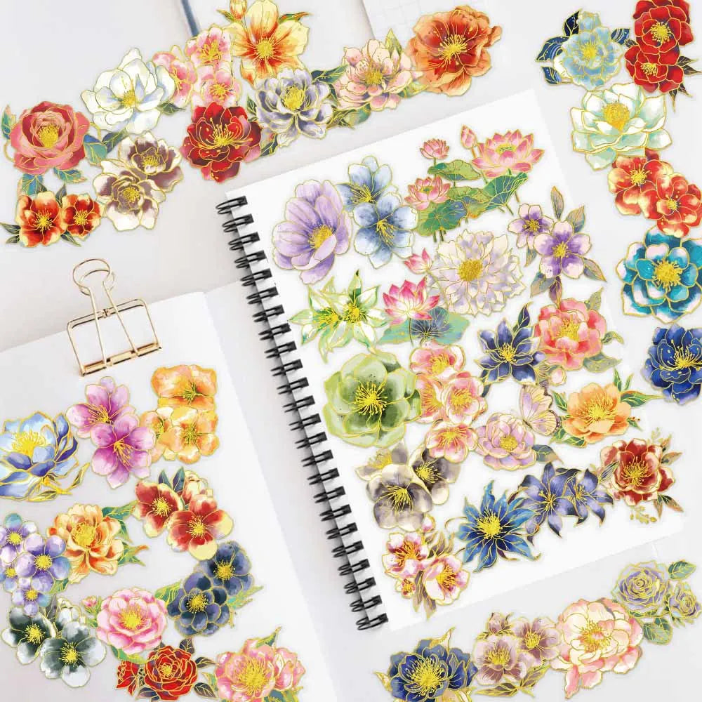 50-Pack Elegant Floral Gold-Stamped Decals for Notebooks Phones Water Cups DIY Decoration - Premium Quality Stickers