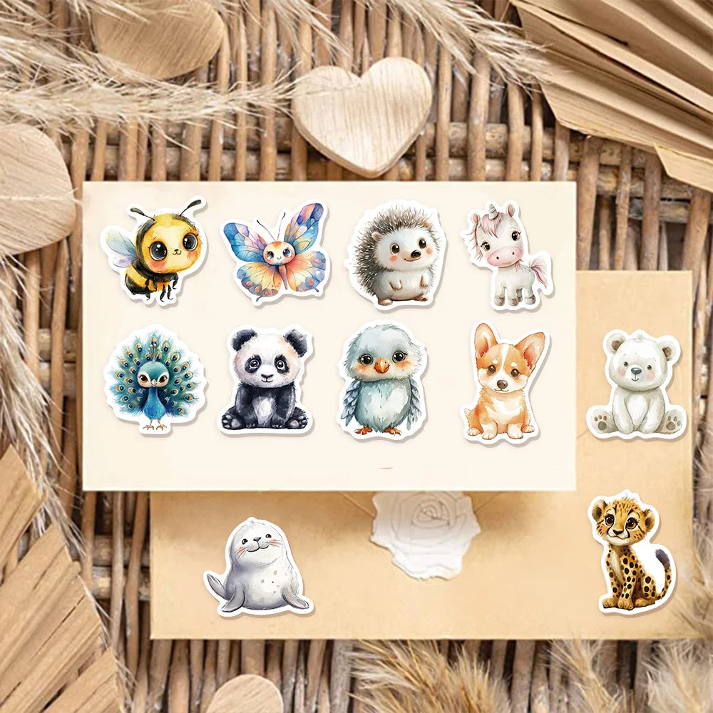 50PCS Cute Watercolor Diverse Animal Graffiti Stickers Cartoon DIY Skateboard Mobile Laptop Decoration Reward Stickers Toy
