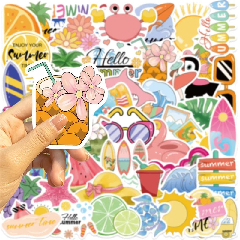10/30/50PCS Pink Happy Summer PVC Sticky Sticker Aesthetic DIY Decoration Scrapbooking Children's School Supplies