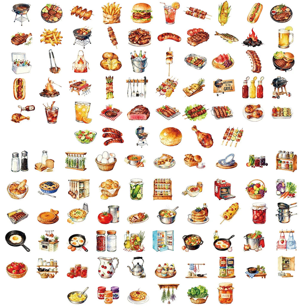 56/112Pcs BBQ Food Kitchen Theme PET Stickers, Stationery Notebook Phone Guitar Gift Box Luggage Fridge Decor Aesthetics Decals