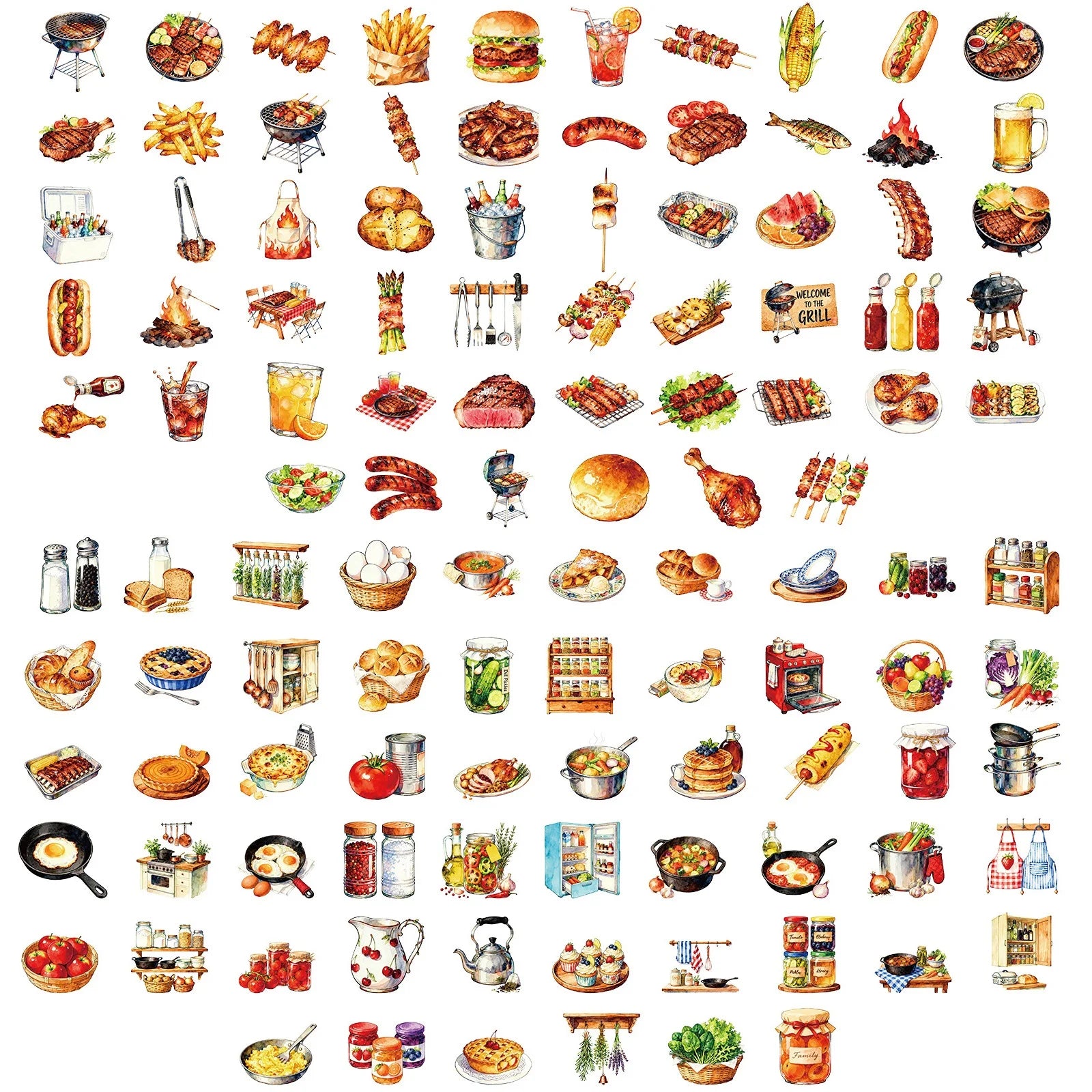 56/112Pcs BBQ Food Kitchen Theme PET Stickers, Stationery Notebook Phone Guitar Gift Box Luggage Fridge Decor Aesthetics Decals
