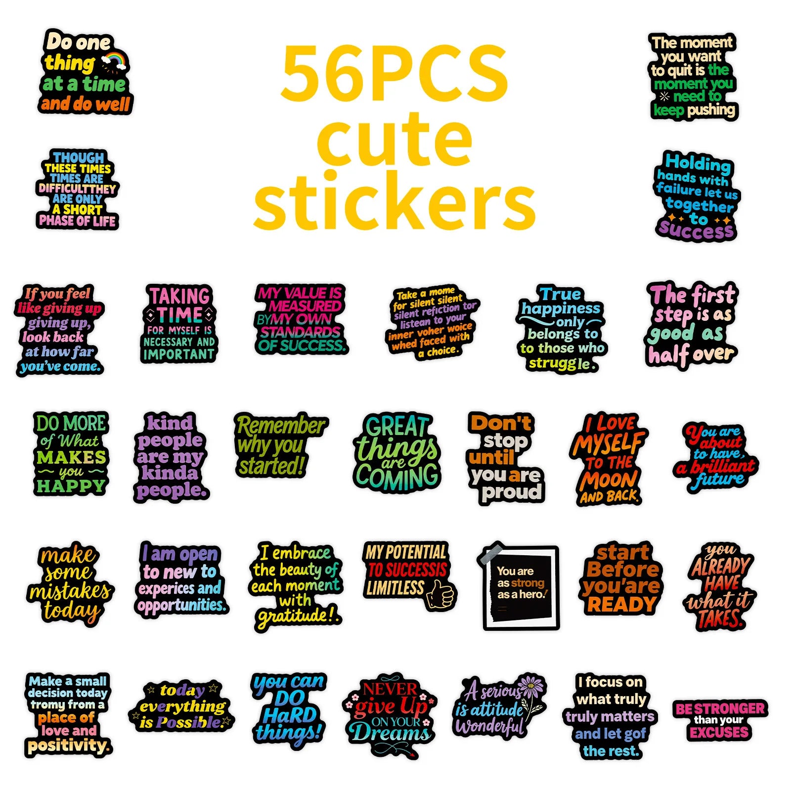 56PCS Dark Text Graffiti Stickers Inspirational Positive Energy Black Background Text Stickers Creative Stationary Stickers