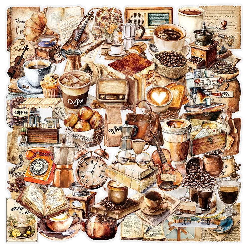 50PCS Retro Coffee Stickers Notebook Phone Guitar Skateboard Computer Water Cup Waterproof Desktop Decoration Stickers