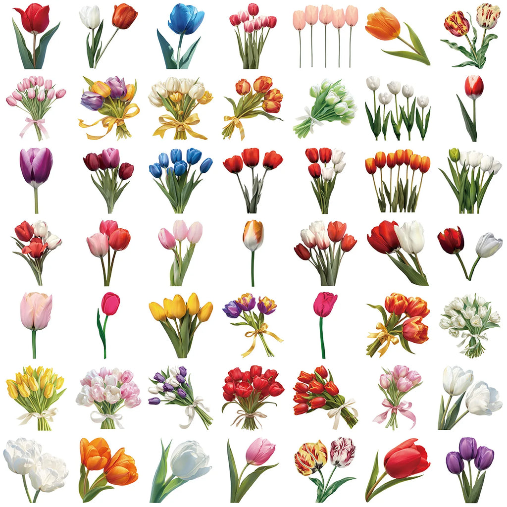 50Pcs Transparent Tulip Waterproof Toy Sticker Decorative Water Cup Bookcase Window Luggage Refrigerator Sticker Not Repeat