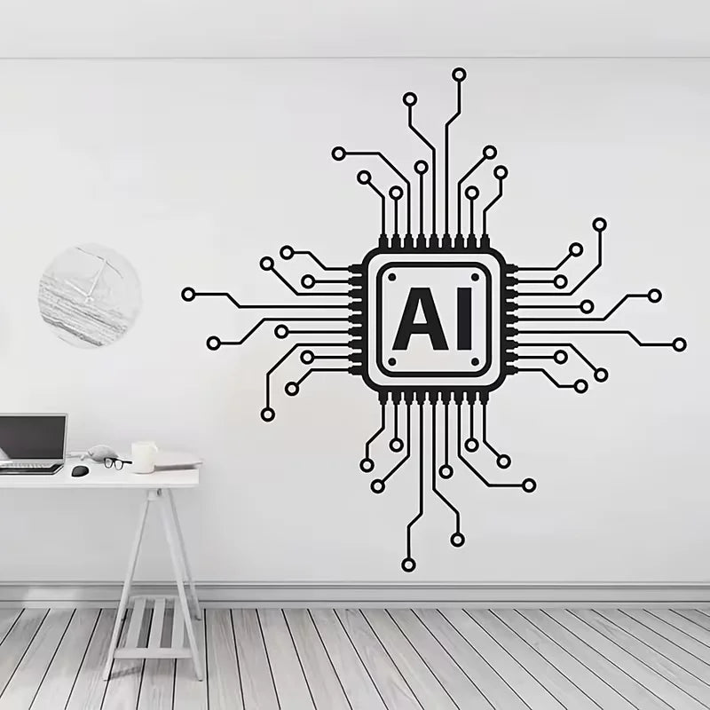 AI Technology Circuit Board Vinyl Wall Decal - Cartoon-Style Glossy Self-Adhesive Sticker for Glass, Office & Home Decor - Tech-