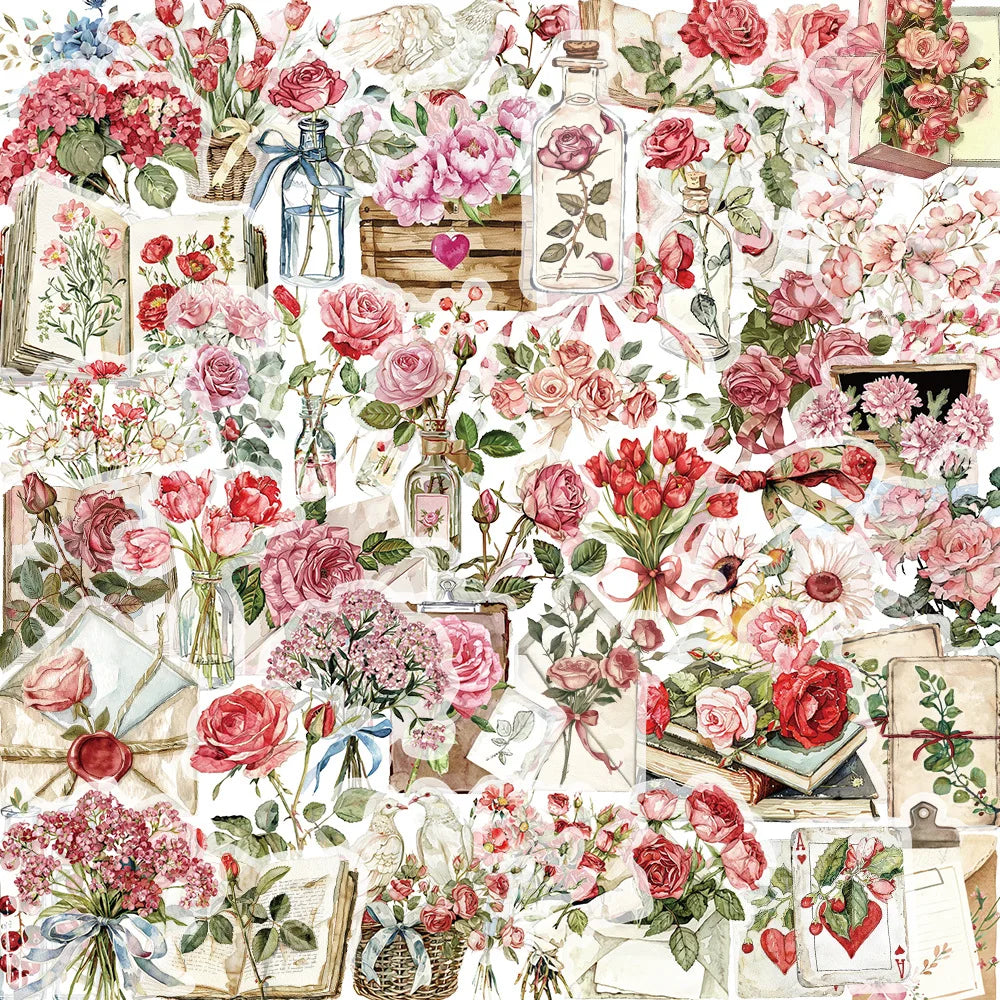 50 Pcs Flower and Letter Sticker Pack Waterproof Transparent PET Booklet Flower Material Decorative Guitar Notebook