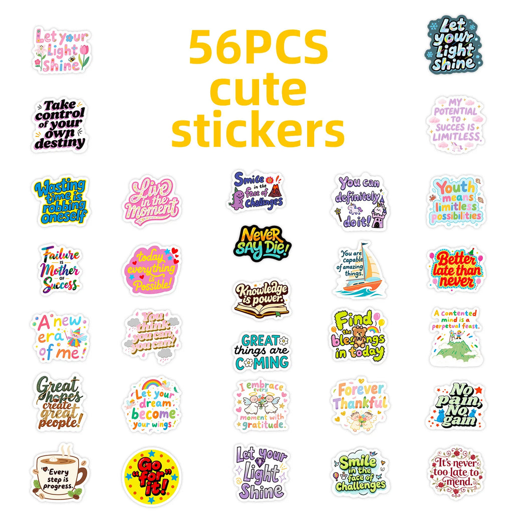 56/112 Pcs Colorful Inspirational English Quote Doodle Stickers for Stationery Box Pen Holder Helmet Summer Printer Laptop Decal