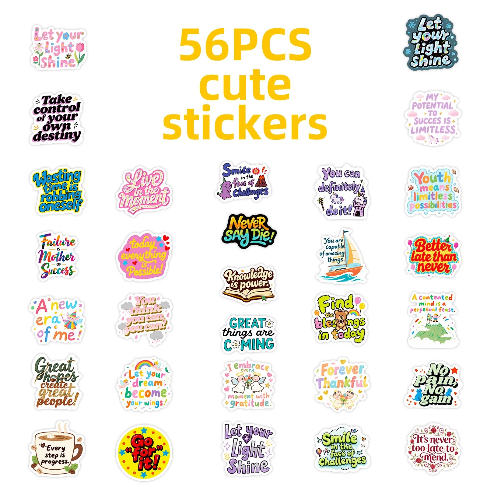 56/112 Pcs Colorful Inspirational English Quote Doodle Stickers for Stationery Box Pen Holder Helmet Summer Printer Laptop Decal