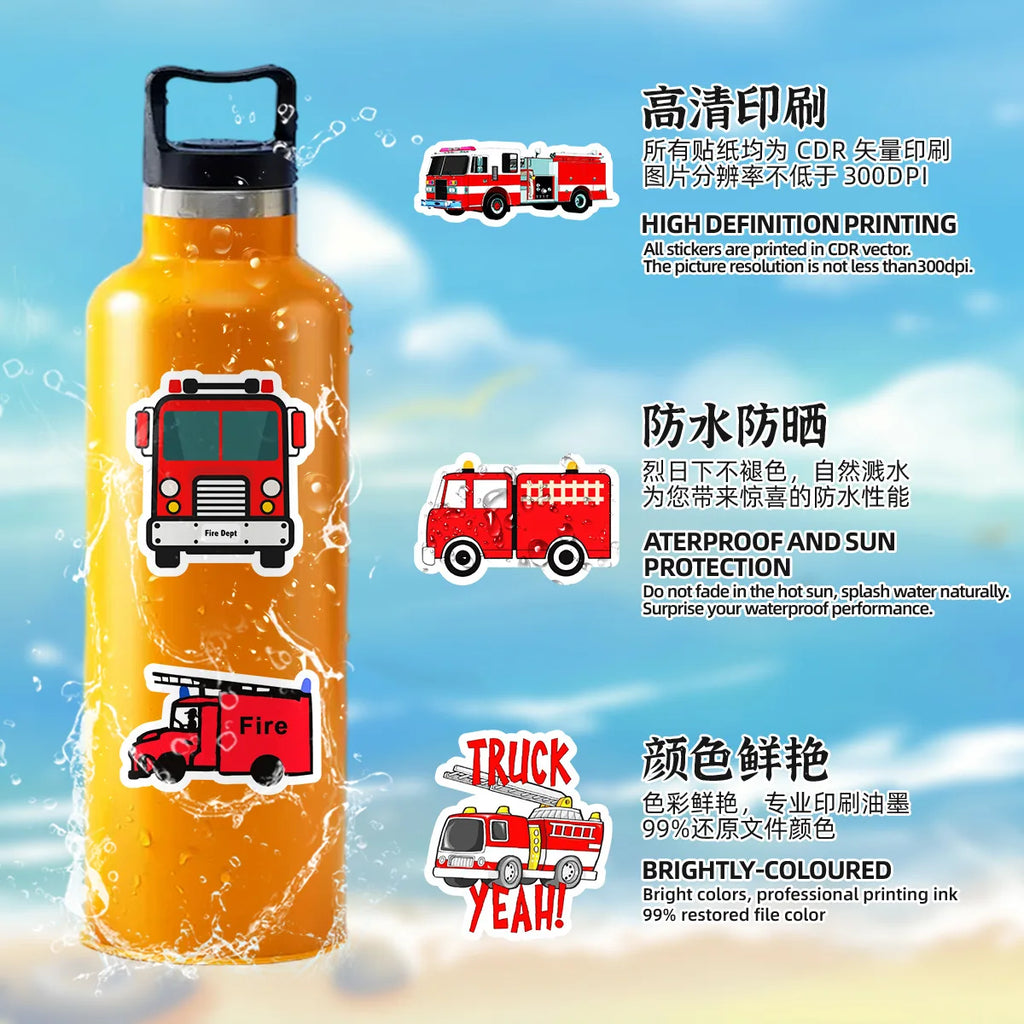 50/100PCS Fire Truck Graffiti Stickers, Car Phone Handcup Decorative Stickers, Notebook Handbag Waterproof Stickers