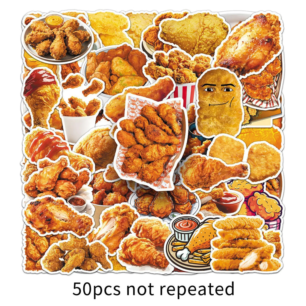 50-Pack Waterproof Fried Chicken Food Graffiti Stickers for Phone Tablet Helmet Guitar Skateboard Luggage Decoration