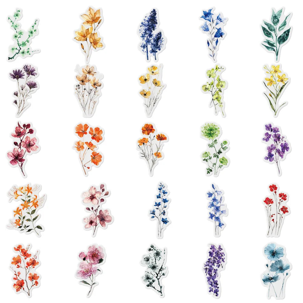 50Pcs Ink Flower Stickers DIY Phone Case Material Handbook Water Cup Plant Transparent PET Stickers