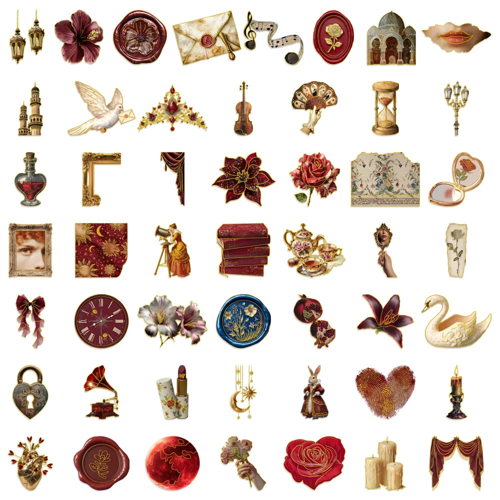 50PCS Retro European Court Style Red Gold Decorative Stickers Computer Scrapbook Refrigerator Phone Case Decorative Stickers