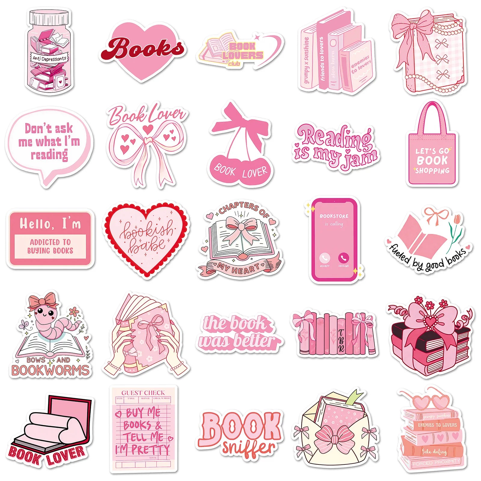 50-Pack Pink Bookish Romantic Graffiti Decal Stickers for Phone Laptop Guitar Helmet Skateboard Luggage Notebook