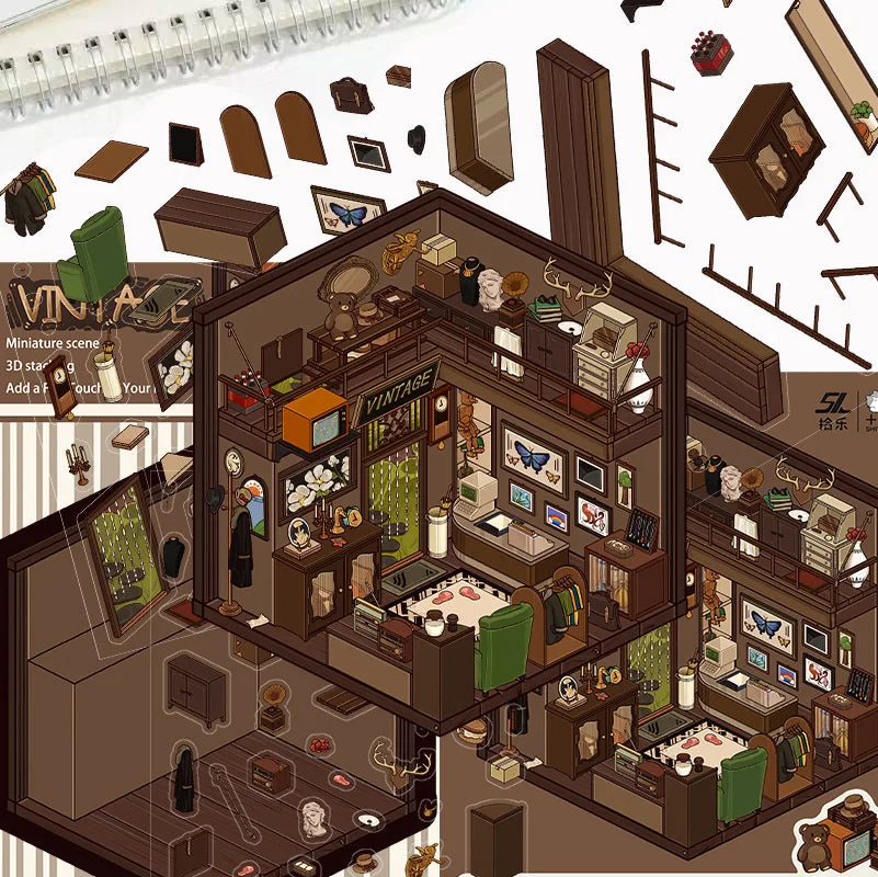 3D Cartoon Landscape Stickers Bear Bakery Miniature World 3D Small House Decompression DIY Scene Hand Account Stickers