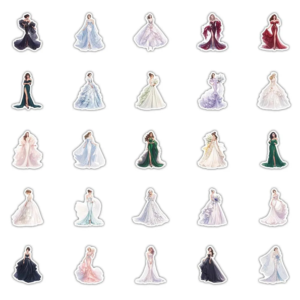 50/100 Pcs Cute Bride in Wedding Dress Stickers for Cup Wardrobe Fridge Stationery Box Guitar Piano Lunch Box Reward Decals