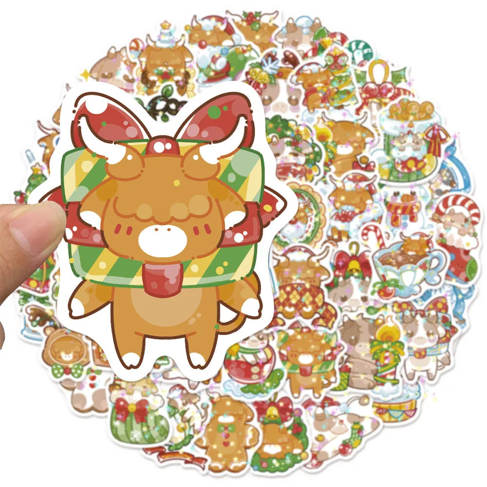 50PCS Christmas Cute Shining Little Cow Sticker Manual Laptop Guitar Luggage Bicycle Skateboard Waterproof Sticker Toy