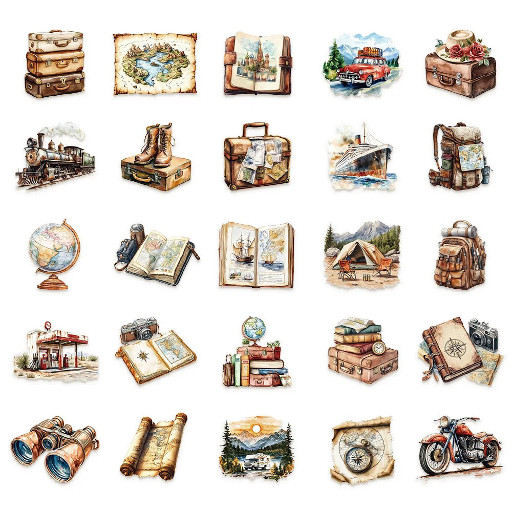 50pcs Vintage Travel Transparent PET Stickers Decals For Phone Laptop Notebook Suitcase Guitar DIY Cartoon Aesthetic Stickers