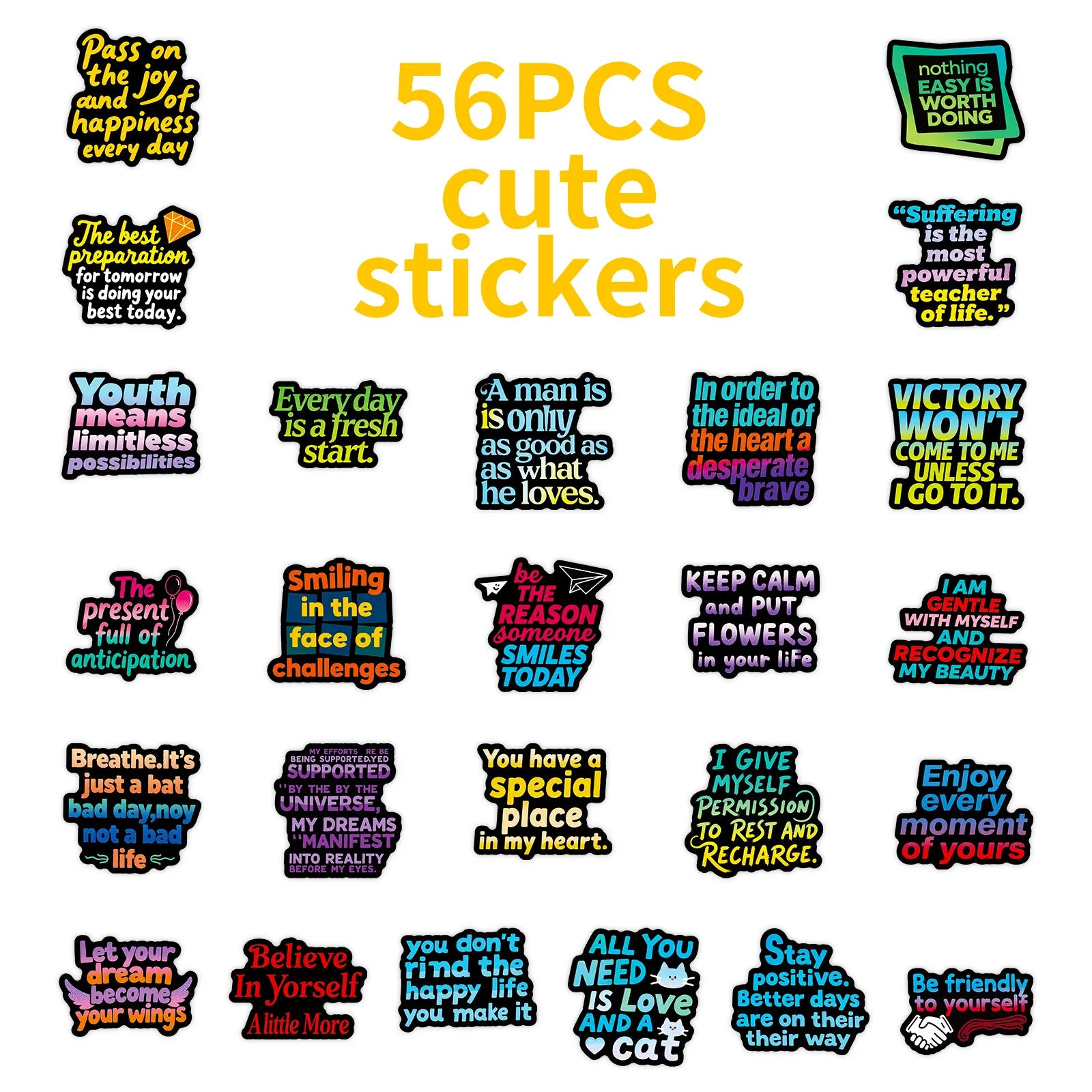 56PCS Dark Text Graffiti Stickers Inspirational Positive Energy Black Background Text Stickers Creative Stationary Stickers