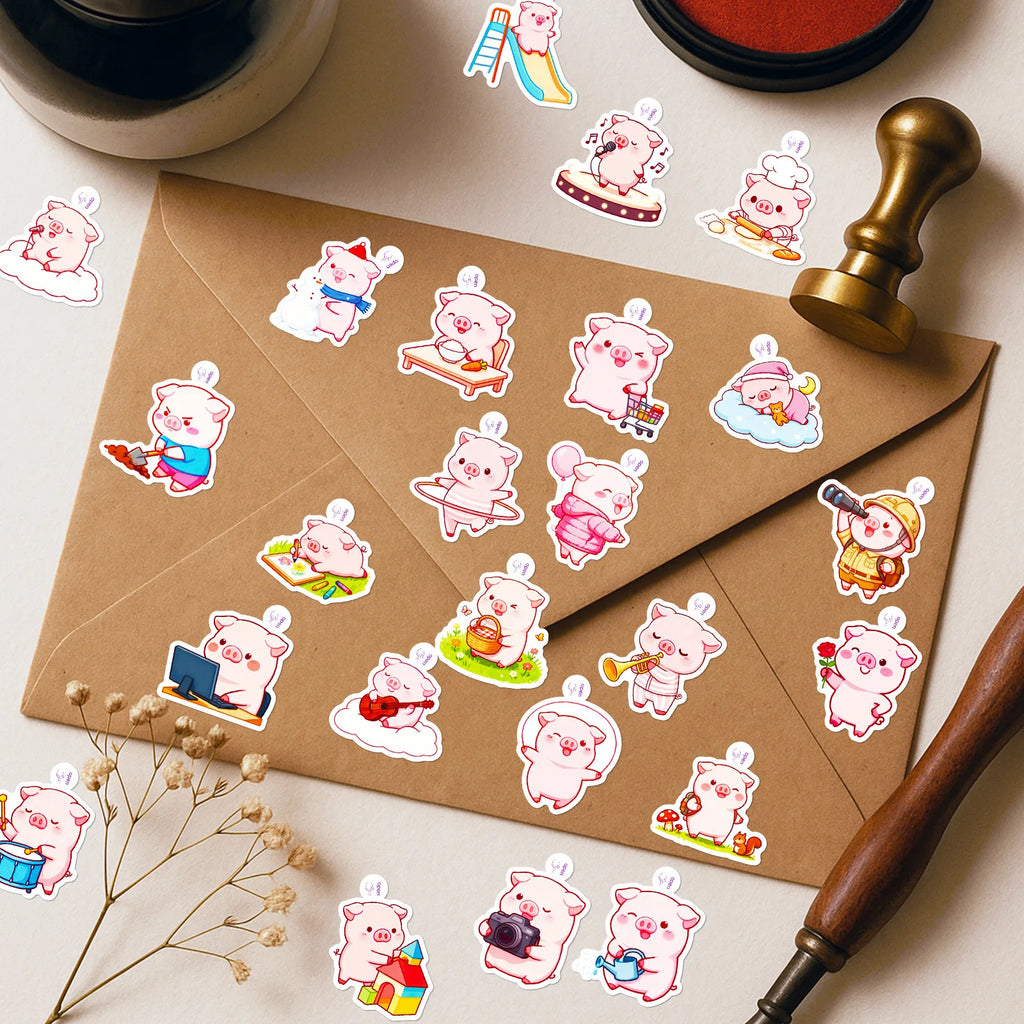 50/100 Pcs Fun Cartoon Pink Pig Funny Theme Stickers No Repeat for Stationery Box Notebook Helmet Car Scooter Suitcase Decals