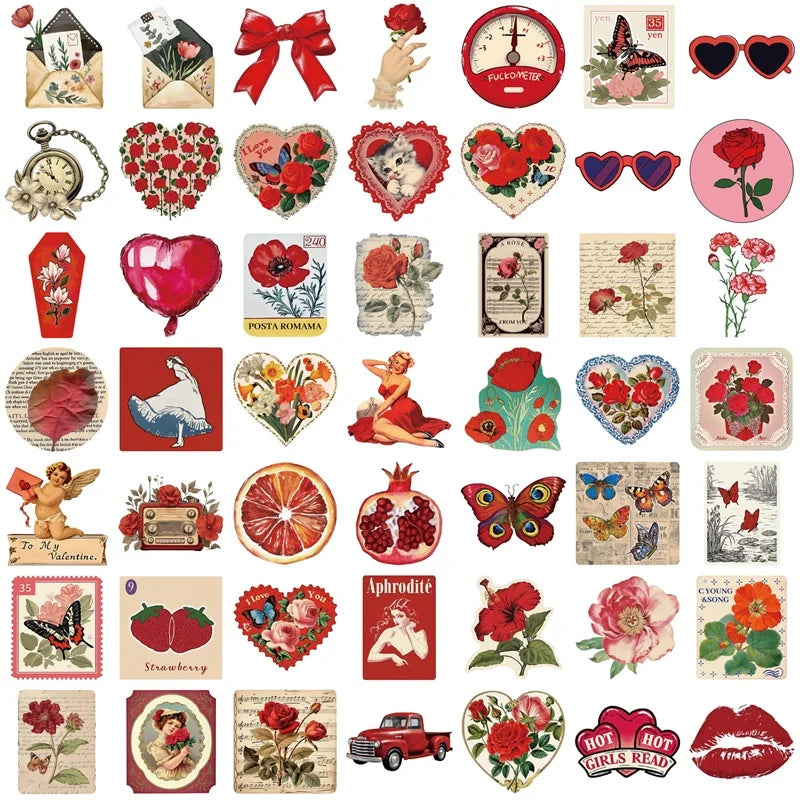 10/30/50PCS Vintage Red Sticky PVC Sticker Aesthetic Children's Stationery DIY Decoration Scrapbooking School Supplies
